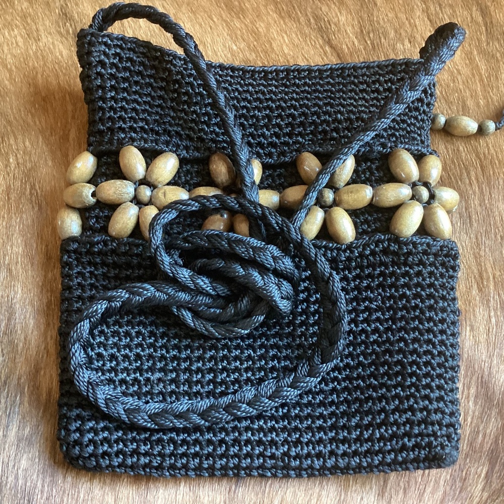 Emanuel Geraldo Black Crochet Wood Bead Boho Handbag